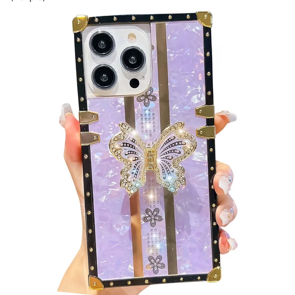 10/$25🦋 iPhone 14 Pro Purple Pearl Butterfly Diamond Kickstand Shockproof Case